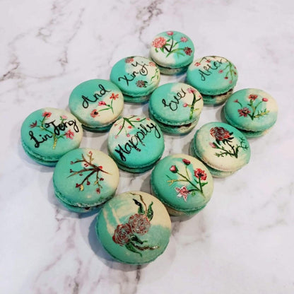 Blue & White Wedding Floral Hand Painted Macarons (12pcs)