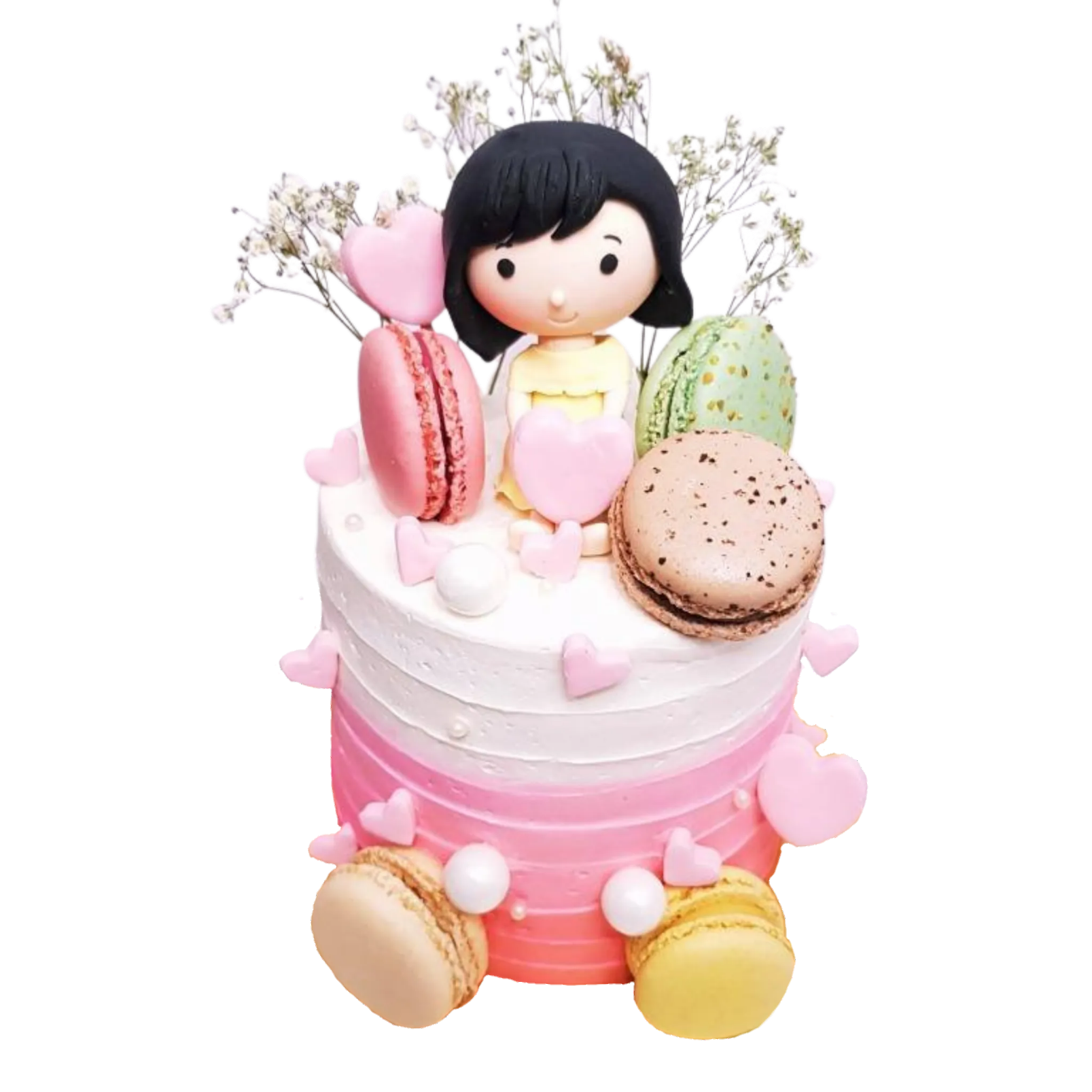 Cute Little Girl with Macarons and Hearts Pink Ombre Cake