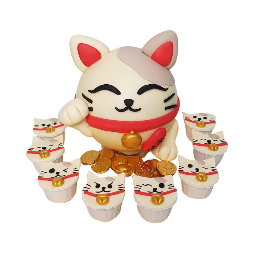 Fortune Cat Knock Knock Pinata Surprise Cake with mini Cupcakes